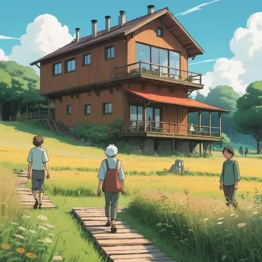 Prompt: a modern plank house in a meadow, close camera, two blurred characters walking and two other blurred ones are also in front of the terrace, comics style, Studio Ghibli style 