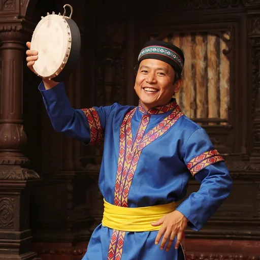 Prompt: In a vibrant display of culture, a man joyfully balances a tambourine on one hand, exuding enthusiasm as he performs. Dressed in a colorful traditional outfit featuring shades of blue and adorned with intricate patterns, he brings an infectious smile that radiates warmth. The background reveals a richly carved wooden structure, hinting at a historic indoor setting, likely part of a cultural celebration or performance. Soft, natural light illuminates the scene, enhancing the lively atmosphere and the man's expressive gestures, which invite onlookers to join in the festivity. The mood is celebratory, capturing a moment of artistic expression deeply rooted in tradition.