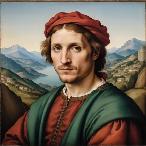 Prompt: A painted portrait of a man in the style of Italian Renaissance painter Raphael with mountains in the background.