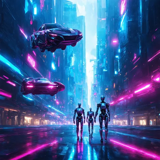 Prompt: High-res digital artwork of a futuristic cityscape, vibrant neon lights, hovering vehicles, cybernetic humanoid figures, metallic surfaces with reflections, sleek and polished appearance, intense and energetic atmosphere, sci-fi, cyberpunk, vibrant colors, dynamic lighting, 4k, ultra-detailed, digital art, futuristic, cityscape, vibrant neon lights, cybernetic humanoid figures, sleek design, intense atmosphere, energetic, dynamic lighting