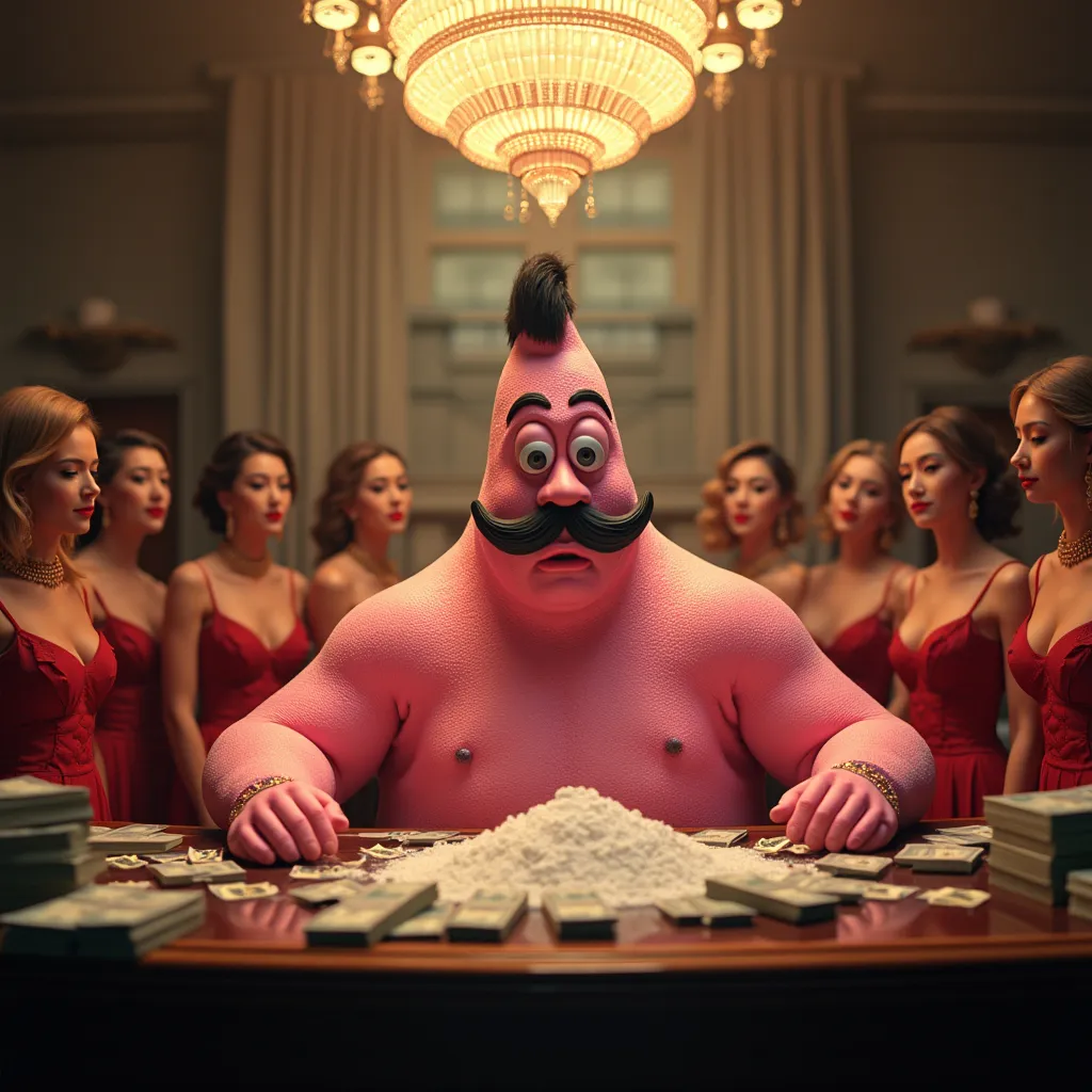 Prompt: Ik wil Patrick star die in een kantoor zit als een drugsbaron  mer cocaine op de achtergrond vrouwen naast hem die hem aanbeden en heeft een snor en haar ook heeft geld op zijn bureau

