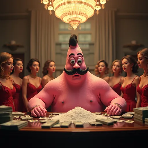 Prompt: Ik wil Patrick star die in een kantoor zit als een drugsbaron  mer cocaine op de achtergrond vrouwen naast hem die hem aanbeden en heeft een snor en haar ook heeft geld op zijn bureau

