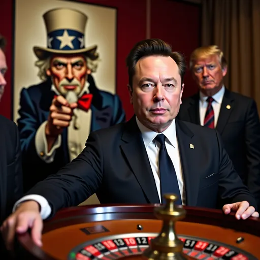 Prompt: Elon Musk; before hair transplant and WWII poster Uncle Sam playing roulette. with portrait of Donald Trump behind.