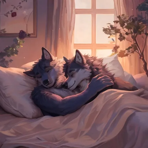 Prompt: (cuddling wolves), (furry characters), two male wolf furries soundly sleeping side by side in a cozy bed, warm tones of soft blankets and pillows, gentle ambient lighting creating a peaceful atmosphere, aesthetically pleasing composition, charming expressions of comfort and affection, ultra-detailed, high-quality, dreamy ambiance, perfect for a sleepover theme, inviting and serene setting.