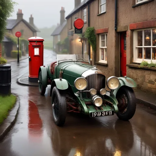 Prompt: A close up view of a dull, dirty and rusty 1930 open top Bentley Blower racer, waiting outside a small village pub in the pouring rain. A red post box is standing on the pavement's edge. detailed painting, oil on canvas, volumetric lighting, atmospheric, Hyperrealistic, tilt shift, model