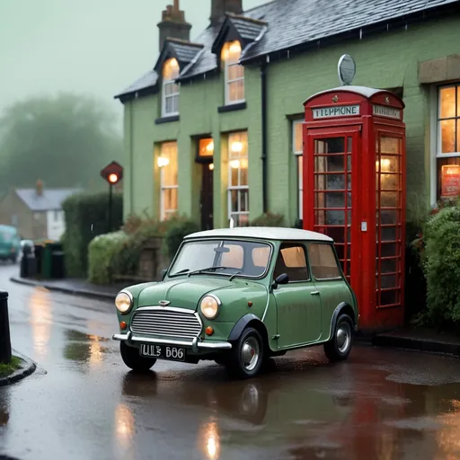 Prompt: A close up view of a dull, dirty and rusty pale green 1960 Austin Mini, waiting outside a small village pub in the pouring rain. A red telephone box is standing on the pavement's edge. detailed painting, oil on canvas, volumetric lighting, atmospheric, Hyperrealistic, tilt shift, model