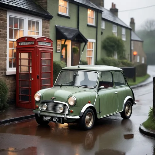 Prompt: A close up view of a dull, dirty and rusty pale green 1960 Austin Mini, waiting outside a small village pub in the pouring rain. A red telephone box is standing on the pavement's edge. detailed painting, oil on canvas, volumetric lighting, atmospheric, Hyperrealistic, tilt shift, model