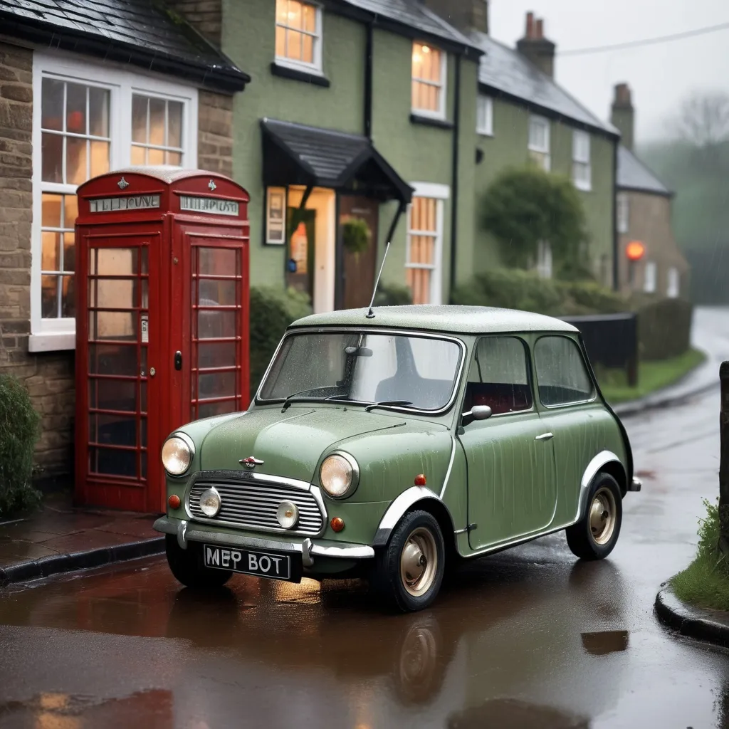 Prompt: A close up view of a dull, dirty and rusty pale green 1960 Austin Mini, waiting outside a small village pub in the pouring rain. A red telephone box is standing on the pavement's edge. detailed painting, oil on canvas, volumetric lighting, atmospheric, Hyperrealistic, tilt shift, model