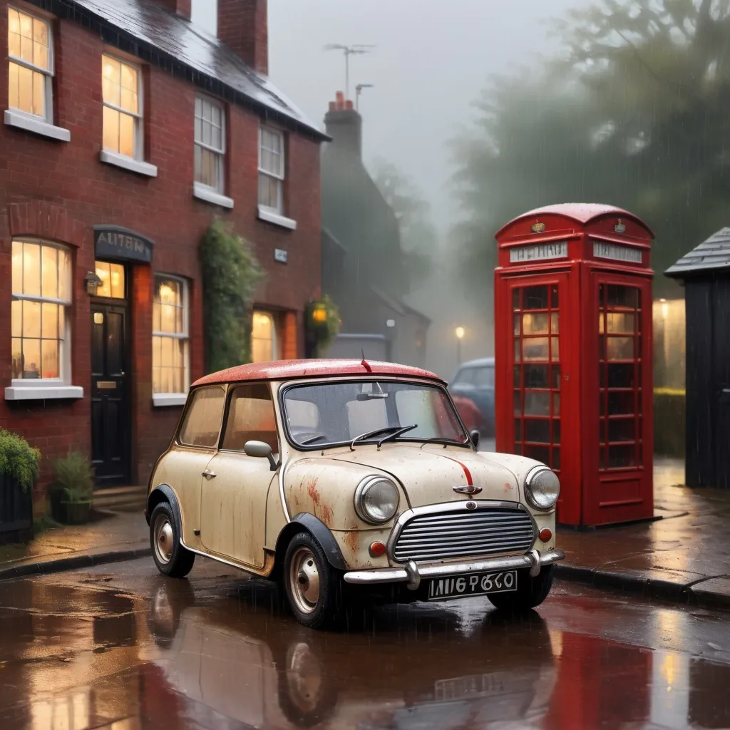 Prompt: A close up view of a dull, dirty and rusty off white 1960 Austin Mini, waiting outside a small village pub in the pouring rain. A red telephone box is standing on the pavement's edge. detailed painting, oil on canvas, volumetric lighting, atmospheric, Hyperrealistic, tilt shift, model