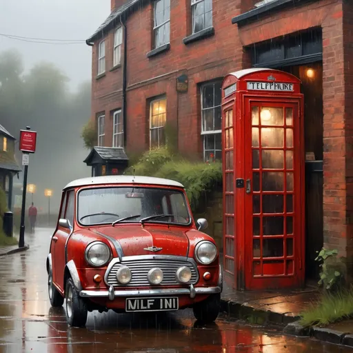 Prompt: A close up view of a dull, dirty and rusty off white 1960 Austin Mini, waiting outside a small village pub in the pouring rain. A red telephone box is standing on the pavement's edge. detailed painting, oil on canvas, volumetric lighting, atmospheric, Hyperrealistic, tilt shift, model