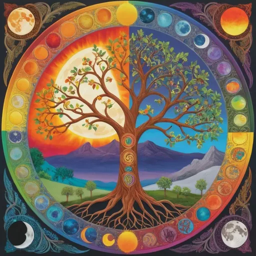 Prompt: tree of life, moon cycles, sun, 8.5x11, colorful
