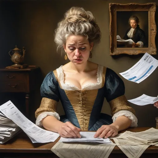 Prompt: Oil painting, Rembrandt, Vincent, Create a modern-day scenario inspired by this 18th-century painting of a woman in ornate dress reading an invoice with a shocked expression, and next to her is still full of invoices. Bills from various banks:
The painting shows a woman with an elaborate hairstyle and dress typical of the 1700s. She is reading what appears to be an invoice or letter. Her expression is one of very surprise or dismay, with her left hand raised to her forehead in a gesture suggesting worry or disbelief.
Be careful, human hands only have 5 fingers on each side.
Your task is to imagine and describe a contemporary situation that could evoke a similar reaction in a person today. Consider how modern technology, social media, or current events might create a parallel experience to what this woman seems to be feeling.
Your response should include:

A brief description of the modern scenario
The person's thoughts or internal monologue
How this modern situation mirrors the emotion captured in the painting

Be creative and humorous in your interpretation, while maintaining a connection to the original image."