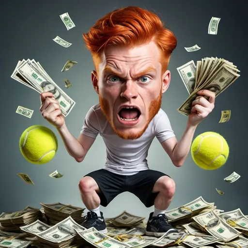 Prompt: A redhead young guy with alot of money. has  3legs the 3rd is a banana winning money  . And on the background money and also balls of tennis and  baseballs, and soccer balls and volleyball balls.. he is a tipster and a sports degenarate make him angry to win money