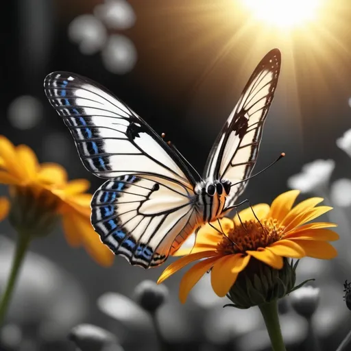 Prompt: (Farfalla butterfly), vibrant colors, intricate wing patterns, delicate and graceful, warm golden light, enchanting and whimsical atmosphere, nature-inspired elements, colorful flowers in the background, high detail, ultra-detailed, 4K, black-and-white contrast, shadows adding depth, cinematic composition, soft focus around edges