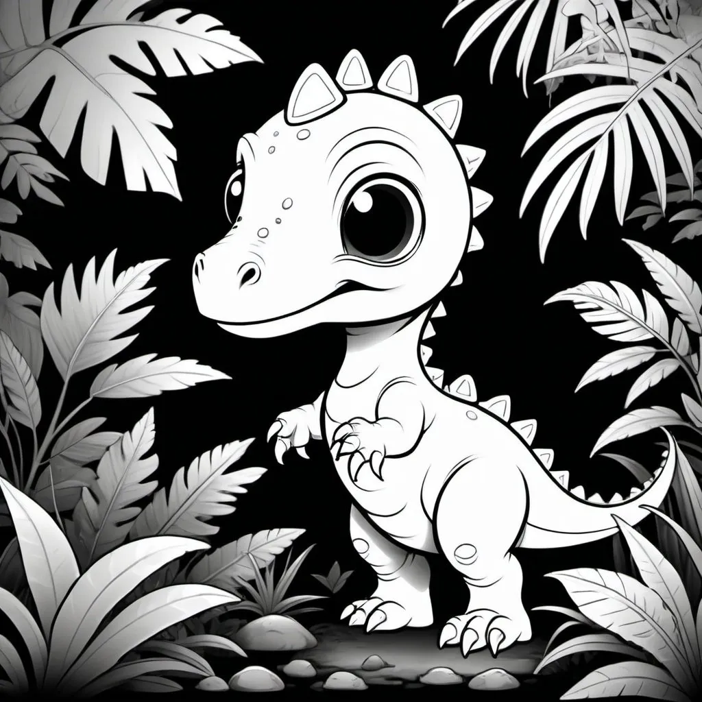 Prompt: black and white outline for colouring of a cute baby dinosaur with minimum features in a small jungle
