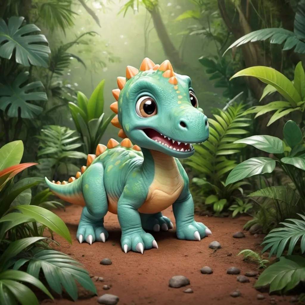 Prompt: A baby dinosaur in a small jungle
