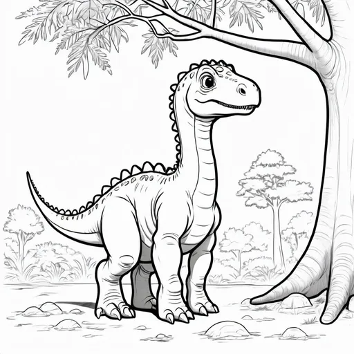 Prompt: black and white outline for colouring of a cute baby apotausauraus dinosaur with minimum features beside a tall tree
