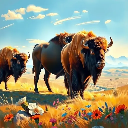 Prompt: (bison) majestic great plains bison, grazing gracefully across a vast open landscape, delicate brush strokes capturing their shaggy fur glistening in the sunlight, serene atmosphere, vibrant wildflowers scattered throughout, rolling hills under a bright blue sky, warm golden hues highlighting the scene, (oil painting), ultra-detailed, masterpiece, capturing the essence of the American West.