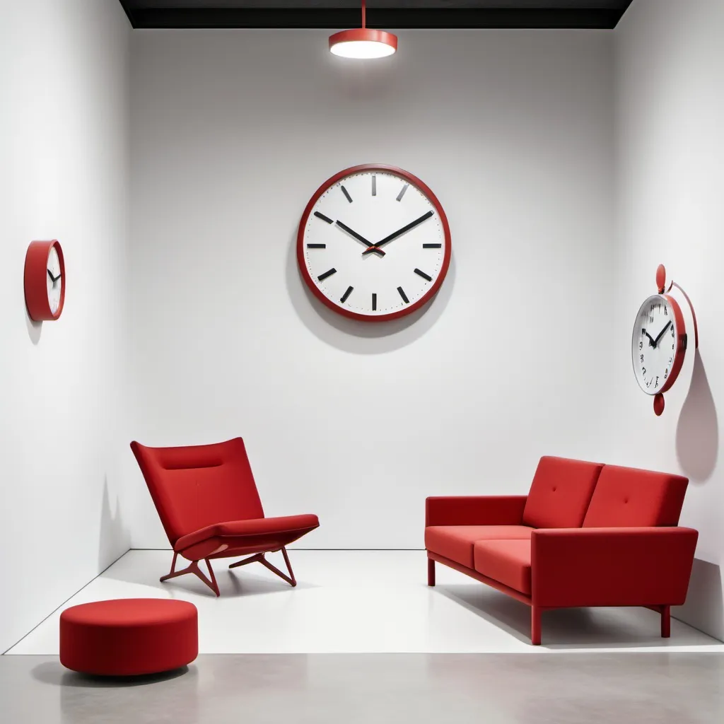 Prompt: a red couch sitting on top of a white floor next to a wall mounted clock and a red chair, Andries Stock, superflat, red, a digital rendering