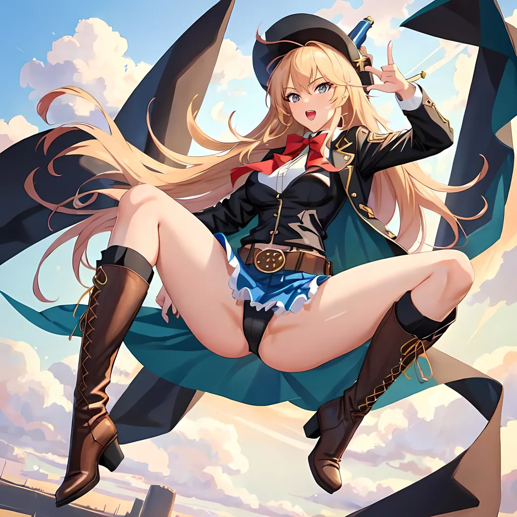 Prompt: Tall girl, Flying cowgirl in Western-style boots, muscle leg,  anime painting, guns in hand, floating in the sky, kicking, aiming, dynamic pose, detailed outfit, high energy,