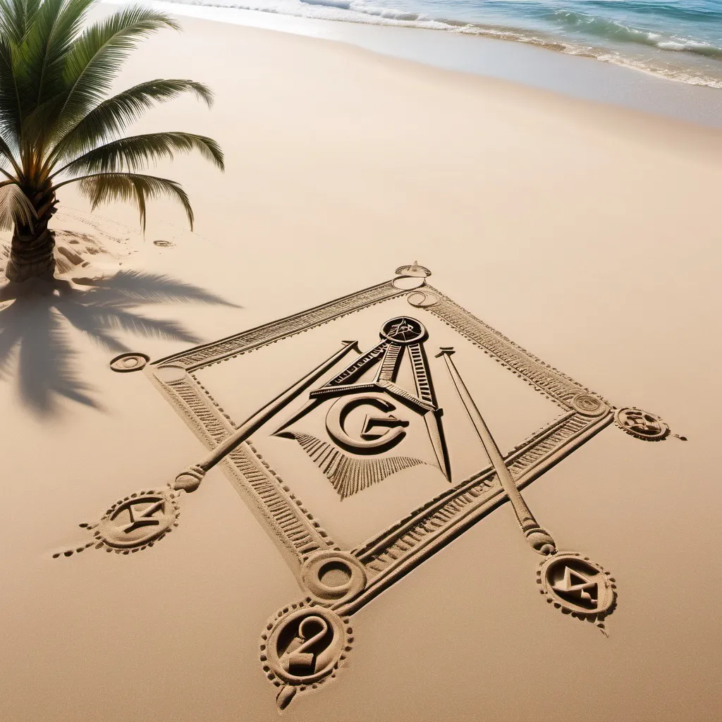 Prompt: Beach with palm trees and sand and masonic symbols drawn in the sand