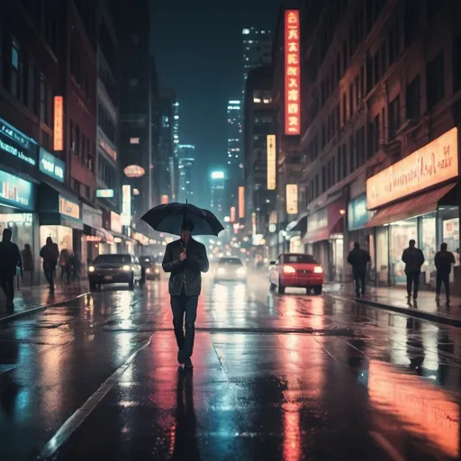 Prompt: Create a dynamic street scene at night in a bustling urban city. The streets should be wet from recent rain, reflecting neon lights from the surrounding buildings. Capture the motion blur of cars speeding by, with streaks of headlights and taillights adding energy to the scene. Include blurred silhouettes of people walking on the sidewalks, carrying umbrellas, and wearing modern, stylish clothing. The overall mood should be vibrant, energetic, and slightly futuristic, with a mix of traditional and modern architecture in the background."