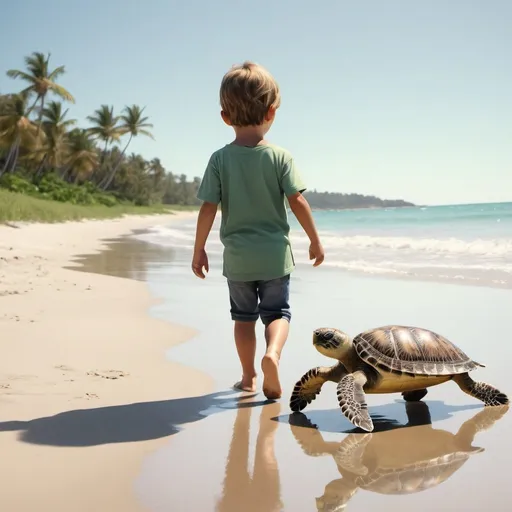 Prompt: Little boy walking down the beach with mother sea turtle animation