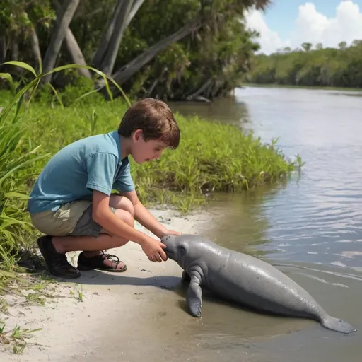 Prompt: Boy along river bank saving a baby manatee animation 