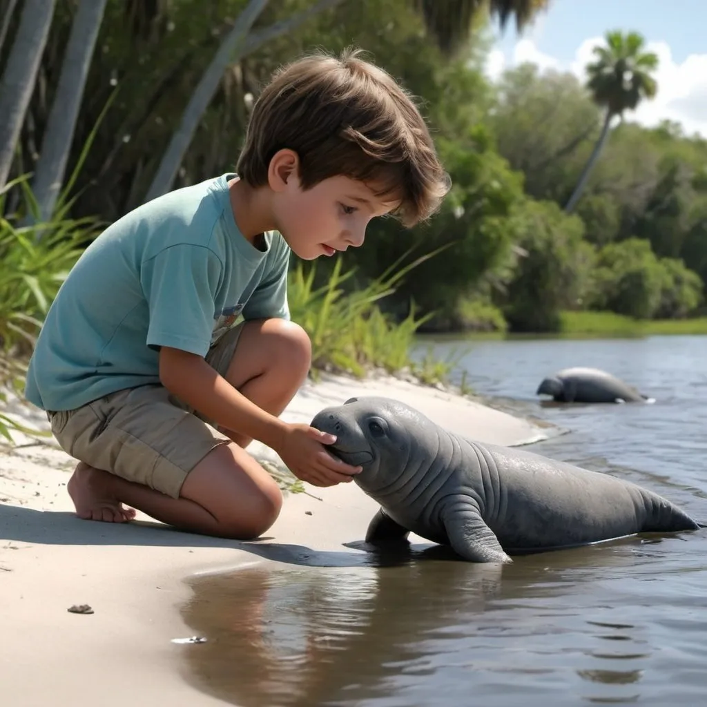 Prompt: Boy along river bank saving a baby manatee animation 