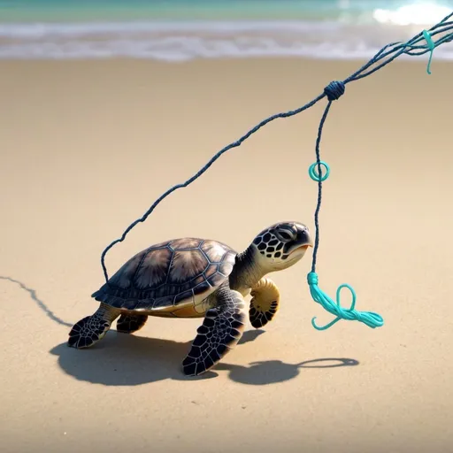 Prompt: Baby sea turtle caught in fishing line animation