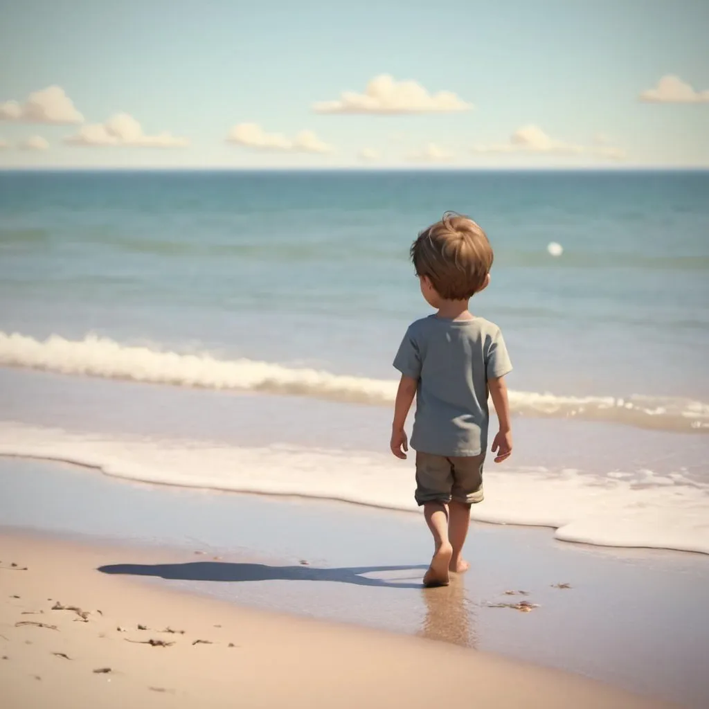 Prompt: Little.boy walking down beach animation