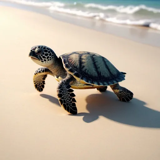 Prompt: Baby sea turtle walking towards the ocean animation