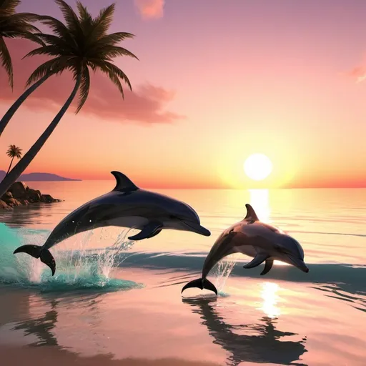 Prompt: Beach sunset with dolphins jumping animation 