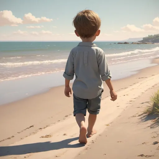 Prompt: Little.boy walking down beach animation