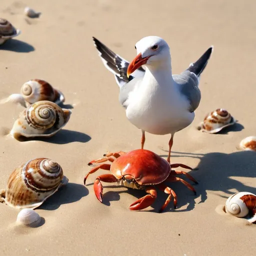 Prompt: Beach crabs seagulls snails animation