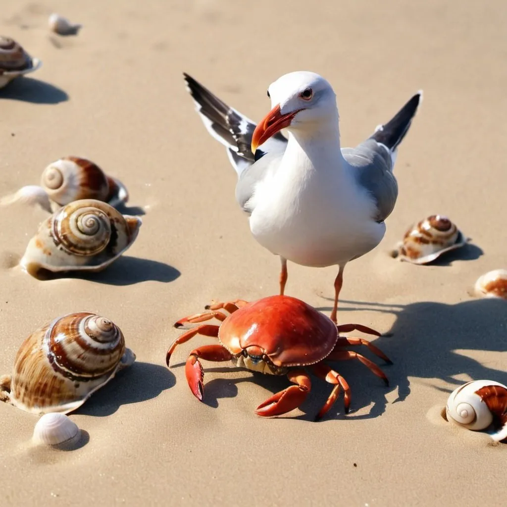 Prompt: Beach crabs seagulls snails animation