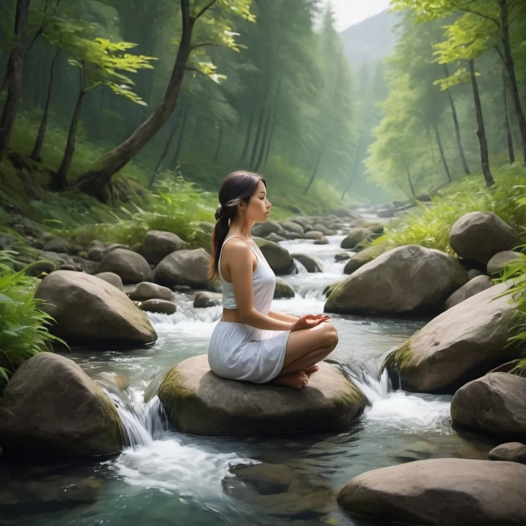 Prompt: Generate a meditative woman in a peaceful outer nature with mountain stream forest .