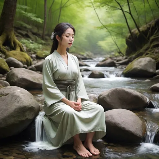 Prompt: Generate a meditative woman sitting dignified dress in a peaceful outer nature with mountain stream forest .