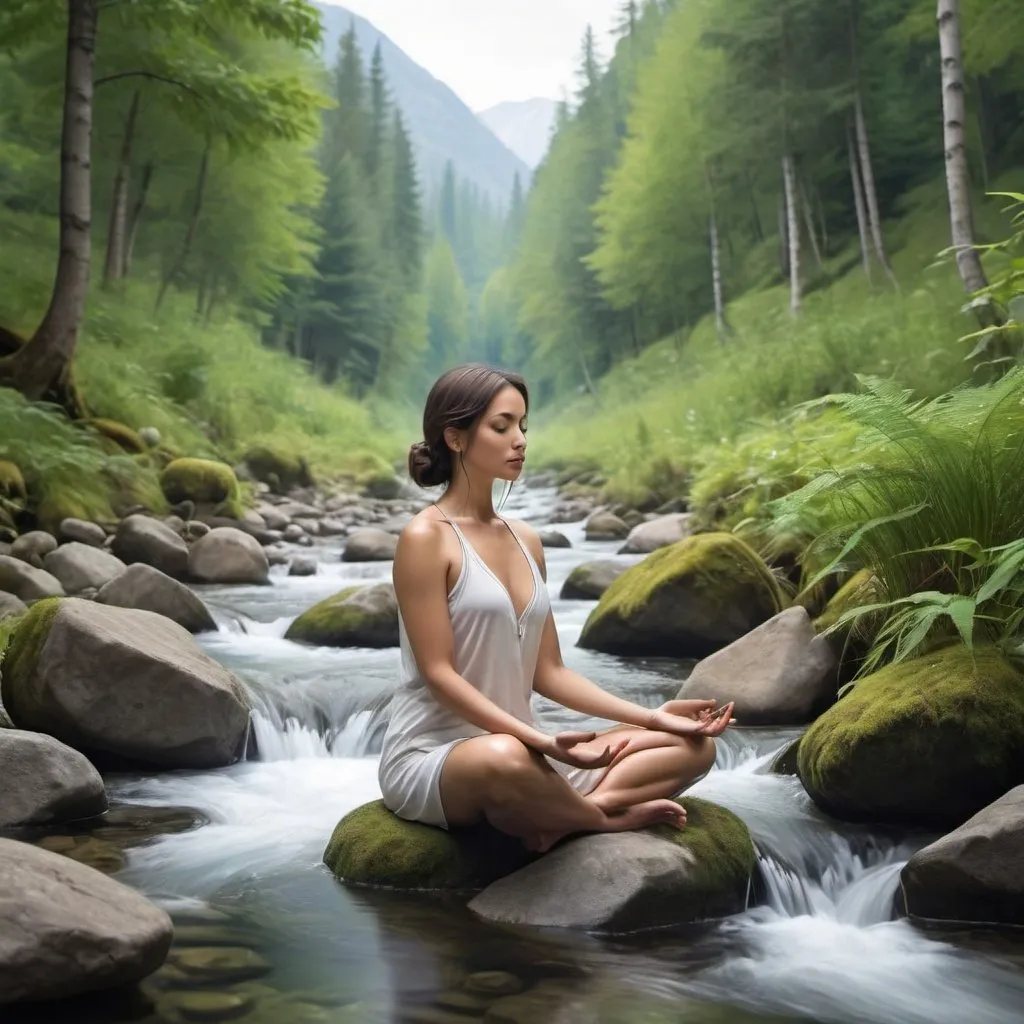 Prompt: Generate a meditative woman in a peaceful outer nature with mountain stream forest .