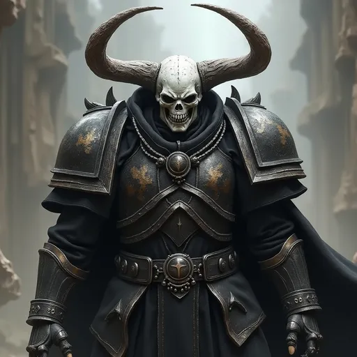 Prompt: Create me a warhammer 40k primarch called scar who leads a legion called the dark ones, black and white armor, wearing a Skelton helmet