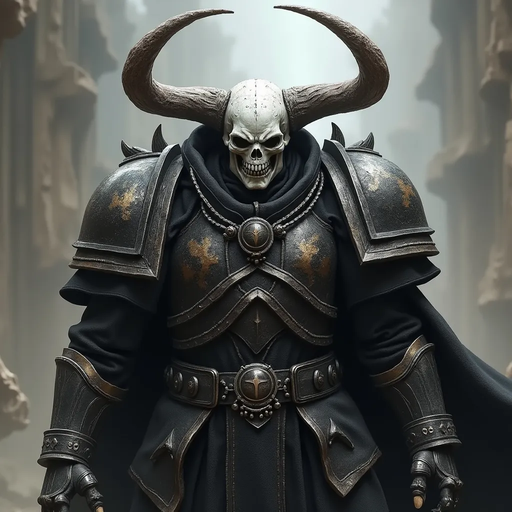 Prompt: Create me a warhammer 40k primarch called scar who leads a legion called the dark ones, black and white armor, wearing a Skelton helmet