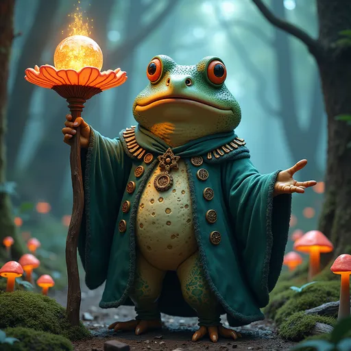 Prompt: (toad master), fantastical character, intricately detailed, wise expression, eccentric robe adorned with magical symbols, oversized staff with crystal orb, serene mystical forest background, glowing mushrooms, cinematic illumination, vibrant colors, whimsical ambiance, enchanting atmosphere, (ultra-detailed), evoking wonder and awe.