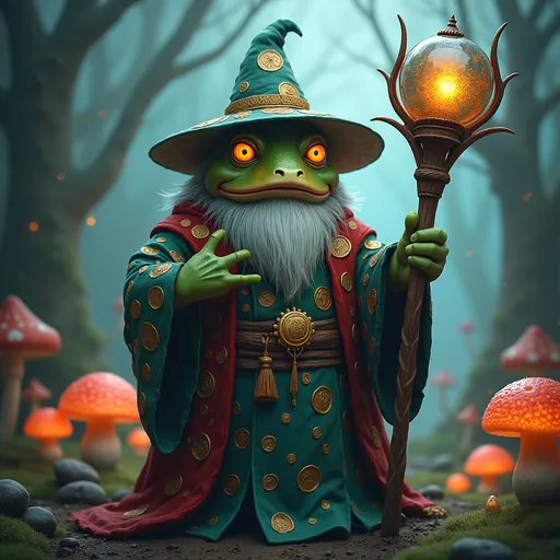 Prompt: (toad master), fantastical character, intricately detailed, wise expression, eccentric robe adorned with magical symbols, oversized staff with crystal orb, serene mystical forest background, glowing mushrooms, cinematic illumination, vibrant colors, whimsical ambiance, enchanting atmosphere, (ultra-detailed), evoking wonder and awe.