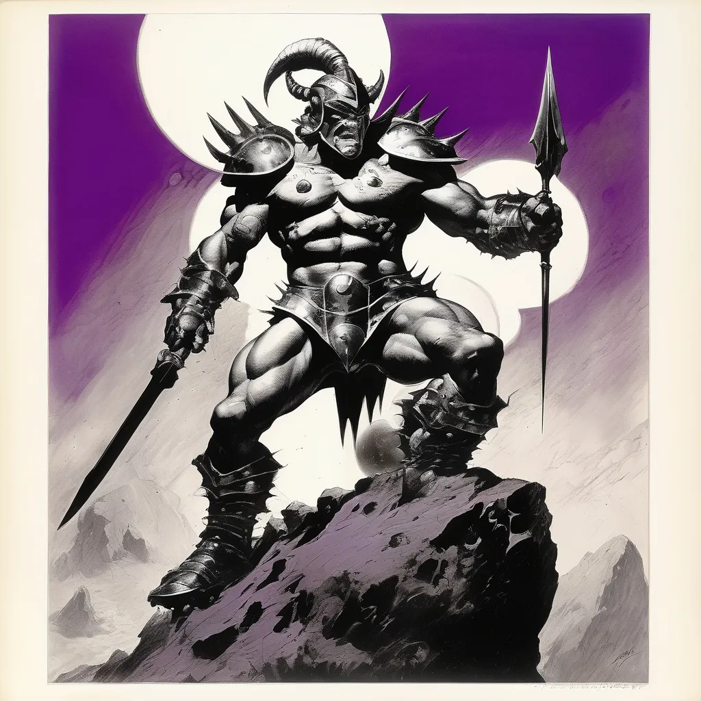 Prompt: B&W frazetta art, a intergaltic alien gladiator wearing a black bulky royal armor, purple skin, yellow eyes, powerful warrior, muscular tall build, cosmic energy background