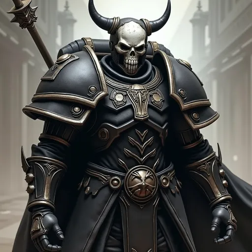 Prompt: Create me a warhammer 40k primarch called scar who leads a legion called the dark ones, black and white armor, wearing a Skelton helmet