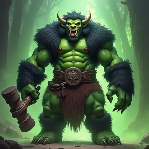 Prompt: Create me in a fantasy world setting the orc king, tall monstrous build orc green skin, sharp teeth, black fur coat of a bear, holding a gigantic hammer, magic powers, green energy aura, sharp claws, muscular body