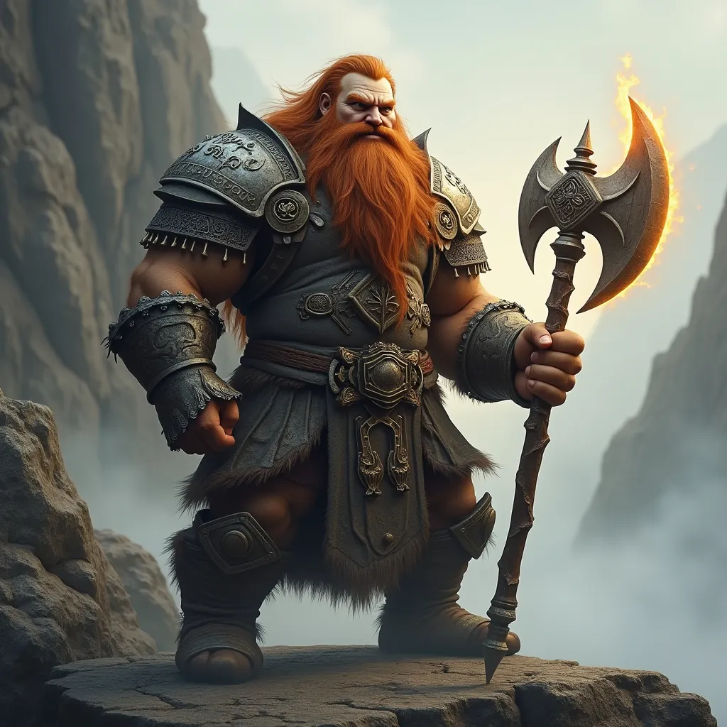 Prompt: (Dwarf god), majestic figure, intricate details, powerful stance, ancient styles, armor decorated with runes, mythical weapon (battle axe), rugged facial features, fierce expression, surrounded by mystical aura, dramatic lighting, rocky mountain backdrop, atmospheric mist, warm color tones, ethereal glow, ultra-detailed, 4K resolution, fantasy art style, epic and awe-inspiring ambiance.