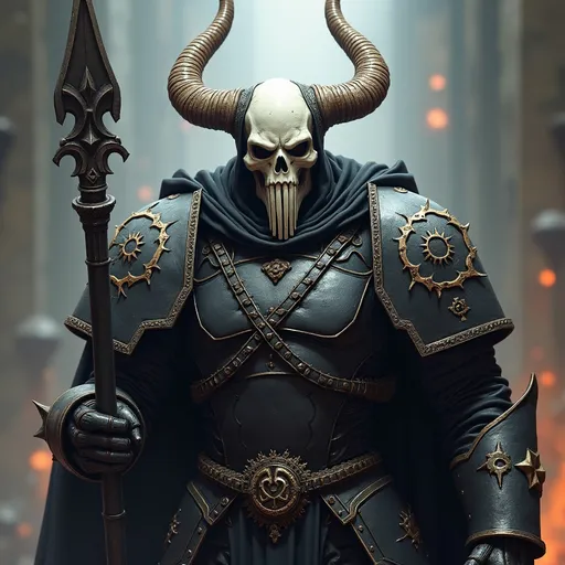 Prompt: Create me a warhammer 40k primarch called scar who leads a legion called the dark ones, black and white armor, wearing a Skelton helmet