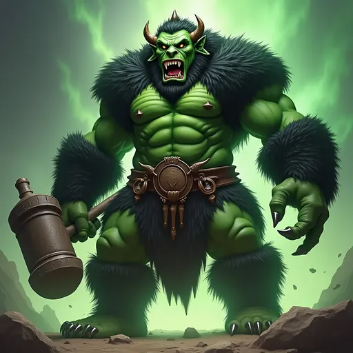 Prompt: Create me in a fantasy world setting the orc king, tall monstrous build orc green skin, sharp teeth, black fur coat of a bear, holding a gigantic hammer, magic powers, green energy aura, sharp claws, muscular body