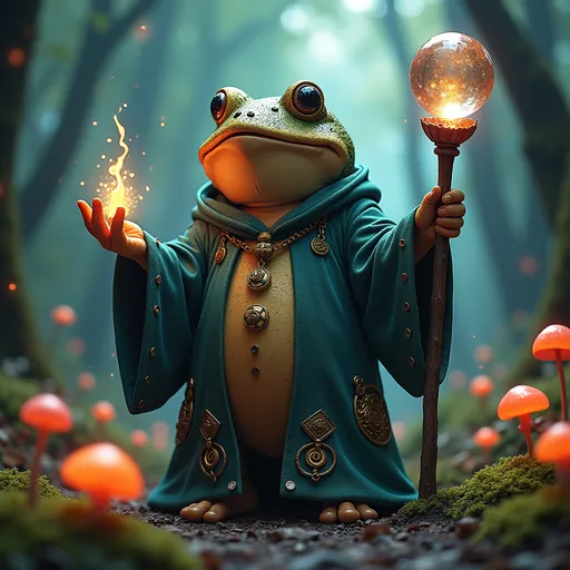 Prompt: (toad master), fantastical character, intricately detailed, wise expression, eccentric robe adorned with magical symbols, oversized staff with crystal orb, serene mystical forest background, glowing mushrooms, cinematic illumination, vibrant colors, whimsical ambiance, enchanting atmosphere, (ultra-detailed), evoking wonder and awe.